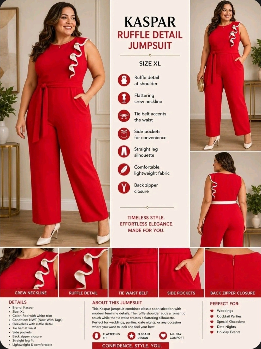 Kasper NWT Red & White Ruffle Detail Tie Waist Jumpsuit XL